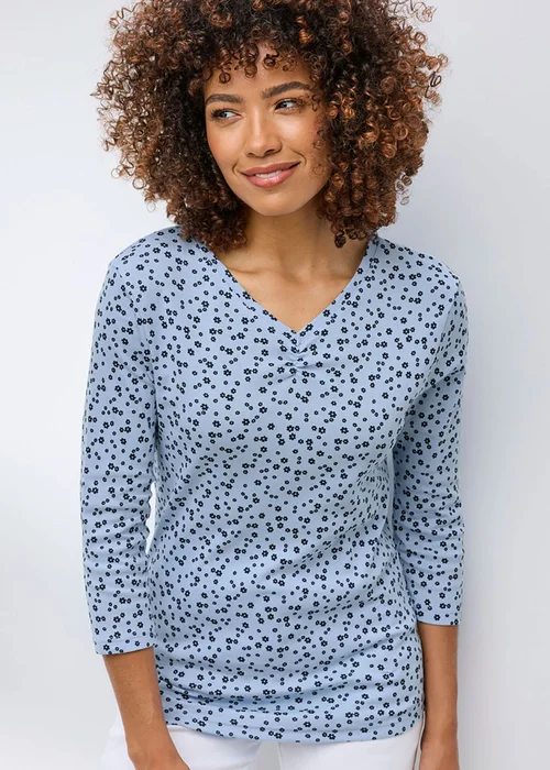 Cotton Traders Baby Blue Wrinkle Free 3/4 Sleeve V Neck Ruched Printed Top - 20 Image 2