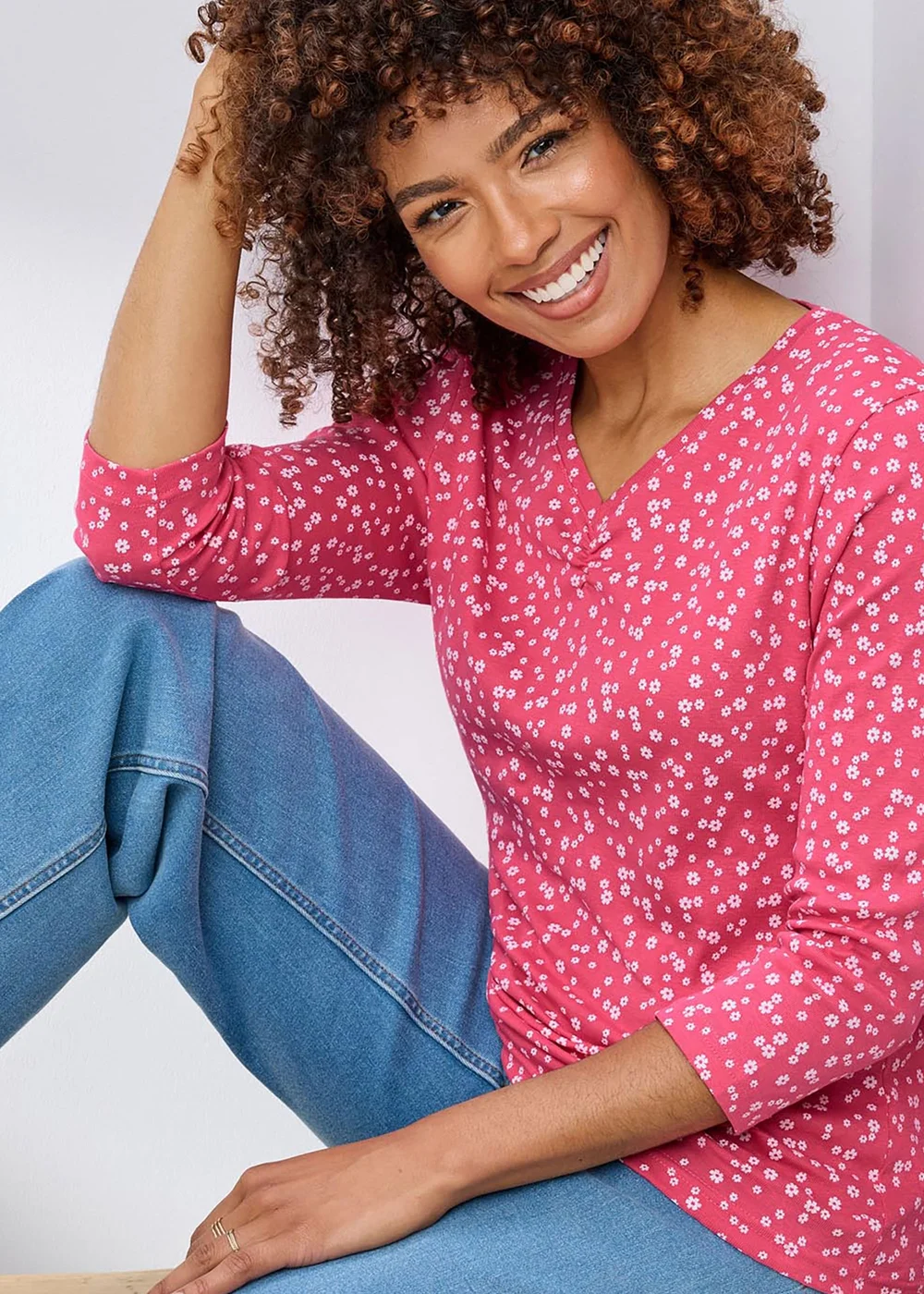 Cotton Traders Orchid Pink Wrinkle Free 3/4 Sleeve V Neck Ruched Printed Top - 16 Image 1