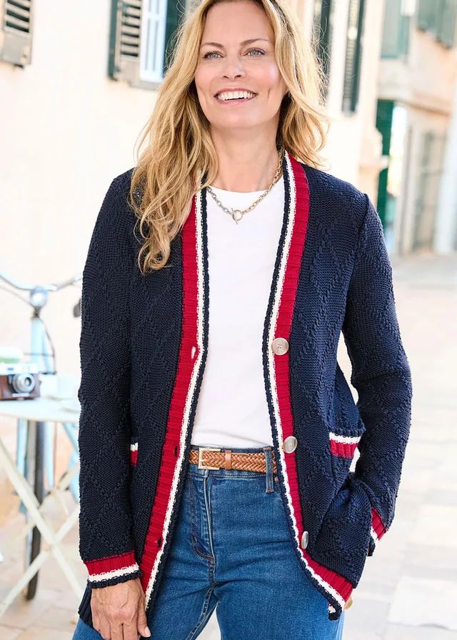 Cotton Traders Navy Longline Contrast Trim Cardigan