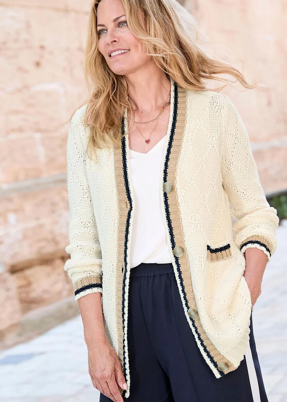 Cotton Traders Cream Longline Contrast Trim Cardigan - 18 Image 1