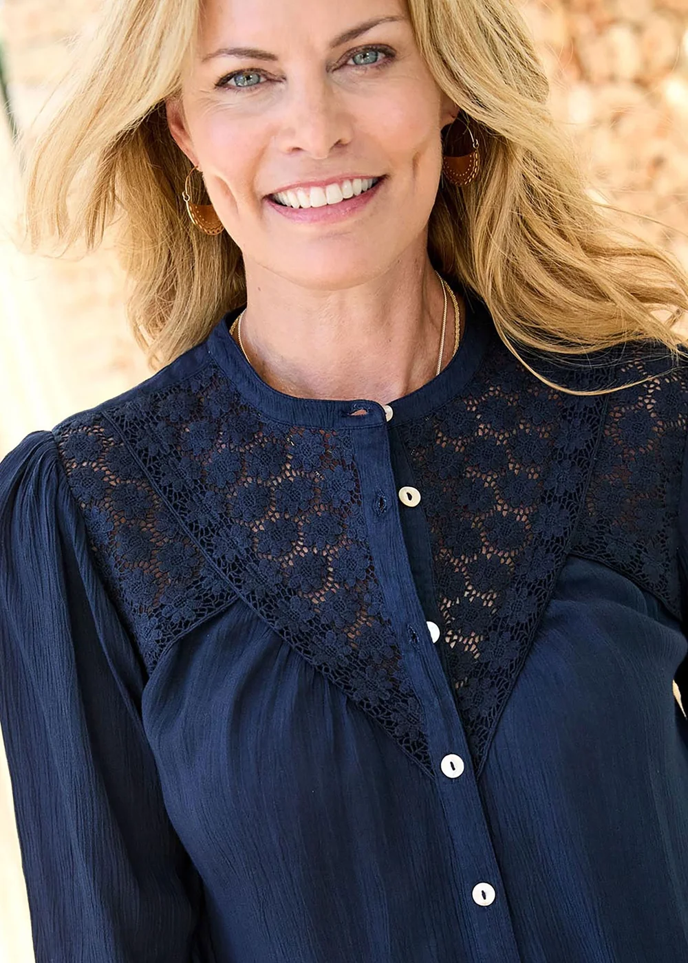 Cotton Traders Navy Lace Trim Crinkle Blouse - 8 Image 3