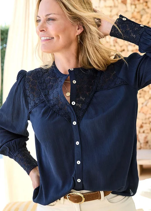 Cotton Traders Navy Lace Trim Crinkle Blouse - 8 Image 1