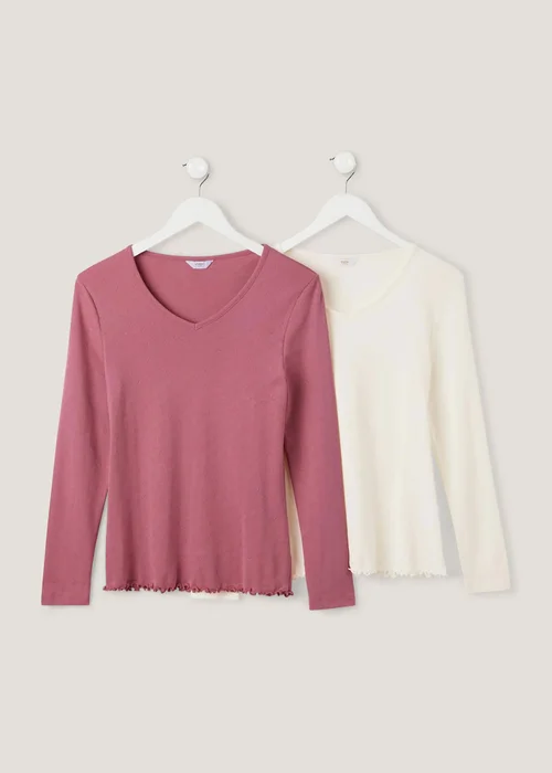 Cotton Traders Multi 2 Pack Long Sleeve Pointelle V Neck Tops - 20 Image 2