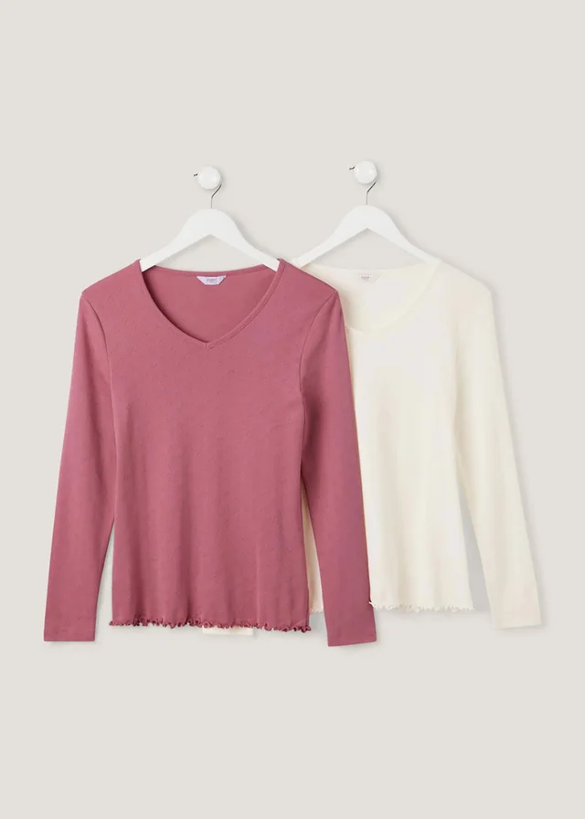 Cotton Traders Multi 2 Pack Long Sleeve Pointelle V Neck Tops