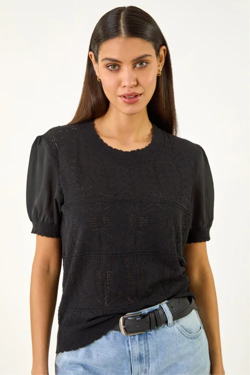 Roman Black Pointelle Knit Tee - 16 Image 1