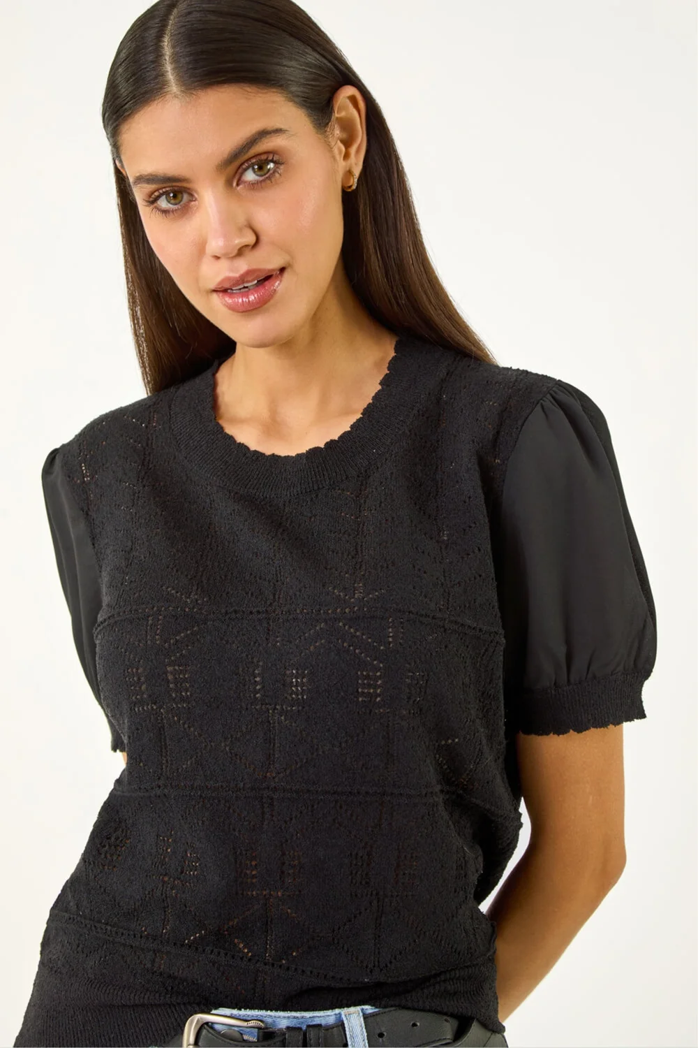 Roman Black Pointelle Knit Tee - 16 Image 4