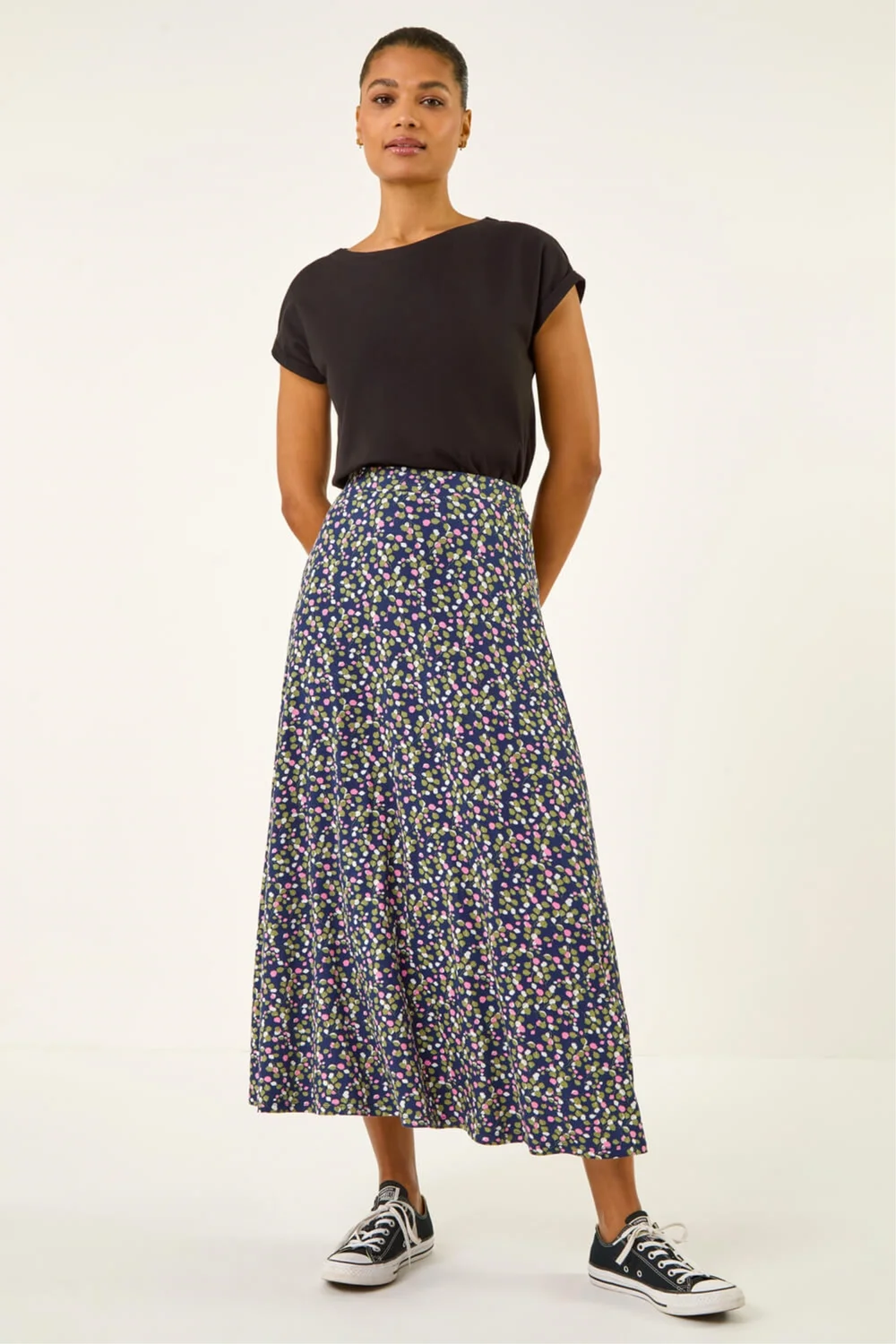 Roman Navy Leaf Print Stretch Midi Skirt - 16 Image 2