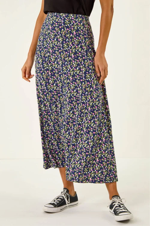 Roman Navy Leaf Print Stretch Midi Skirt - 16 Image 1