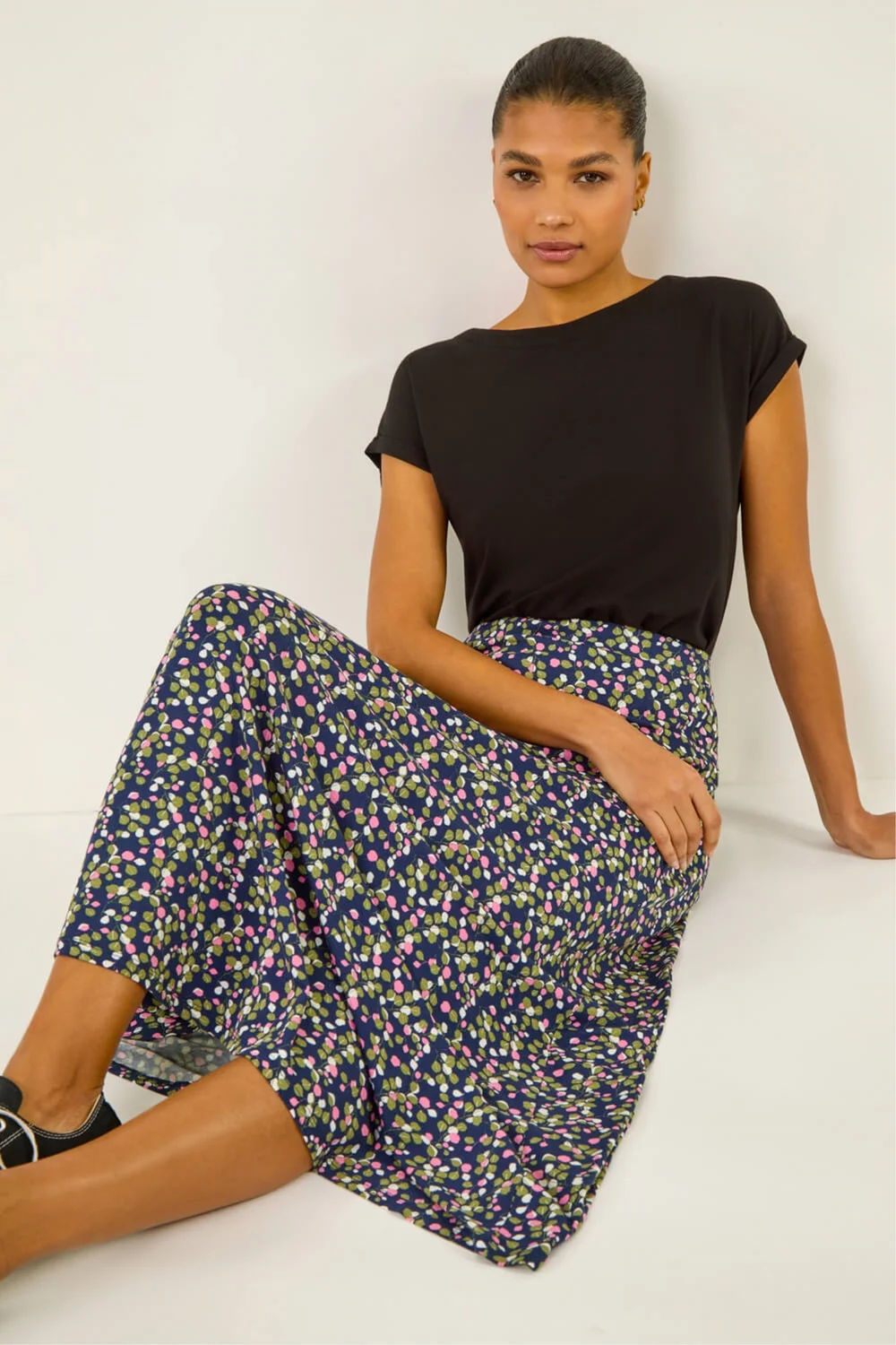 Roman Navy Leaf Print Stretch Midi Skirt - 16 Image 4