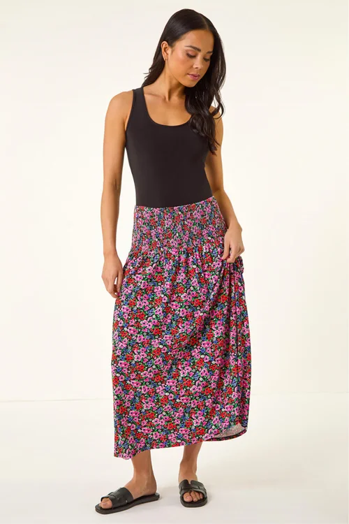 Roman Red Petite Floral Print Shirred Midi Skirt - 10 Image 3