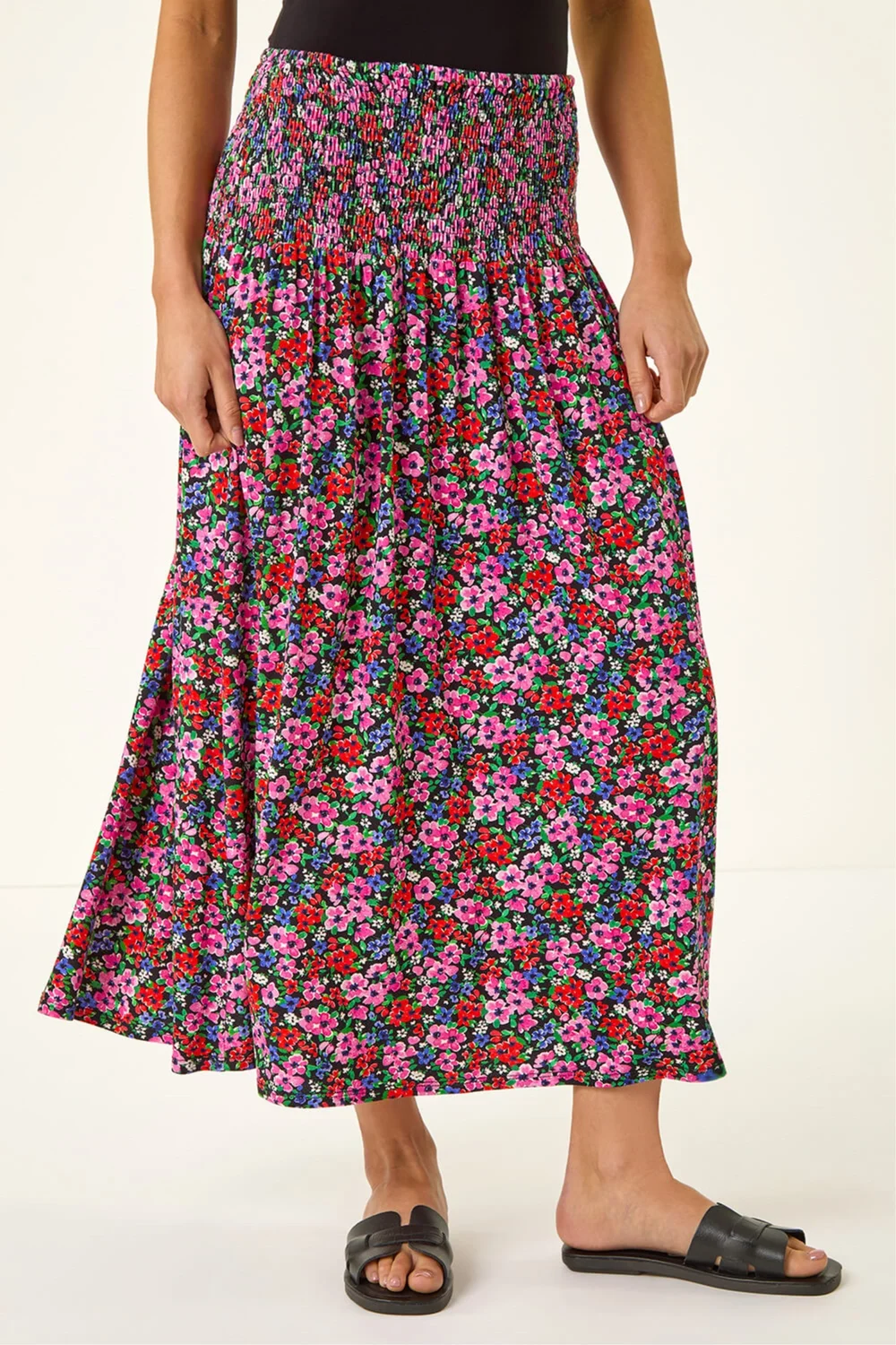 Roman Red Petite Floral Print Shirred Midi Skirt - 10 Image 1