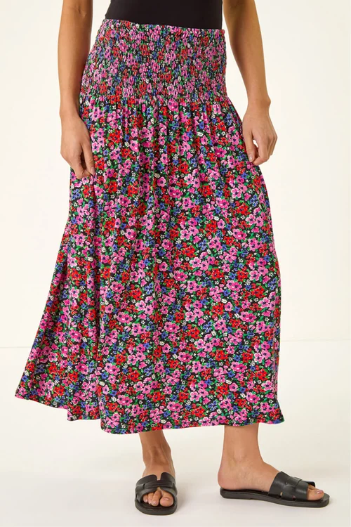 Roman Red Petite Floral Print Shirred Midi Skirt - 10 Image 1