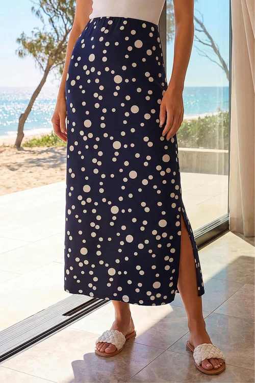Roman Navy Spot Print Stretch Midi Skirt - 20 Image 1