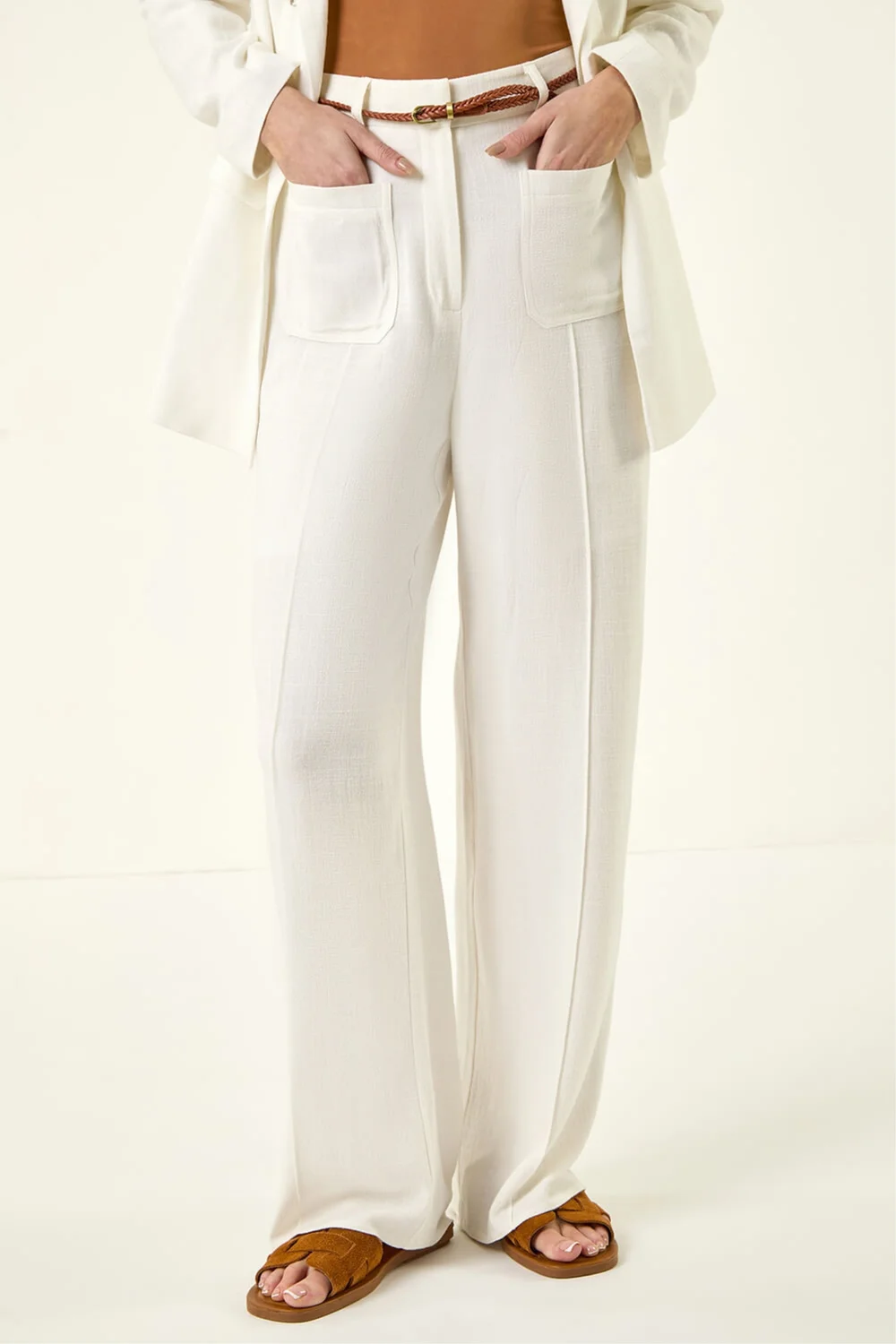 Roman Ivory Linen Blend Belted Trouser - 12 Image 4