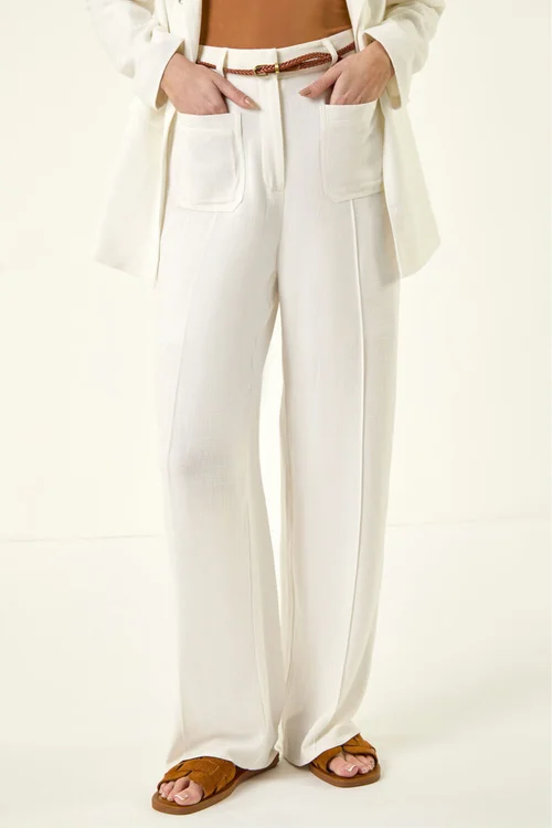 Roman Ivory Linen Blend Belted Trouser - 12 Image 4