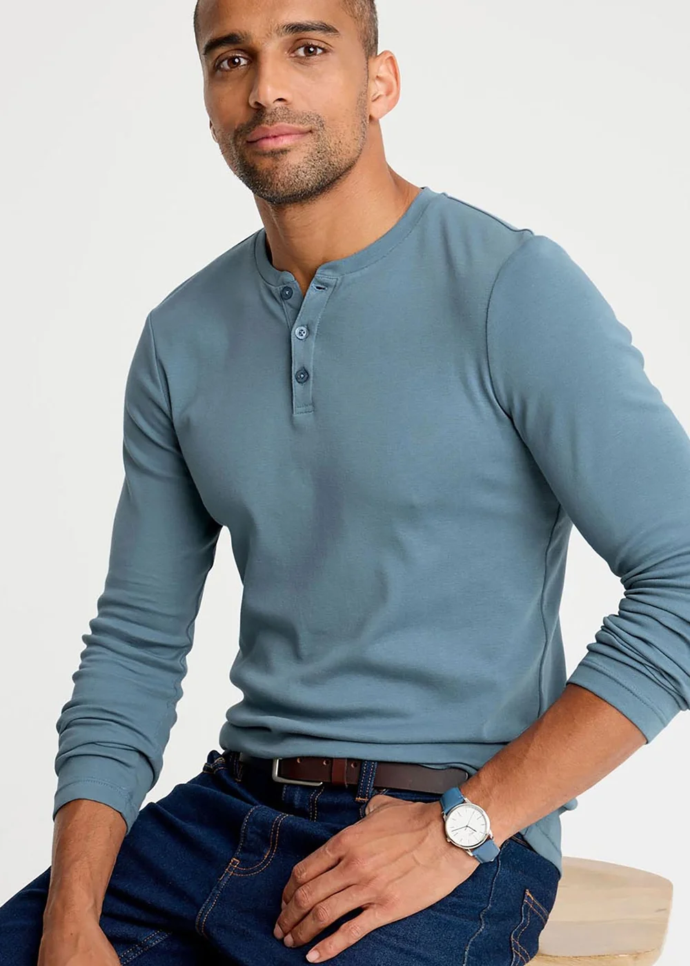 Cotton Traders Washed Aqua Long Sleeve Grandad Base Layer Top - 4XL Image 1
