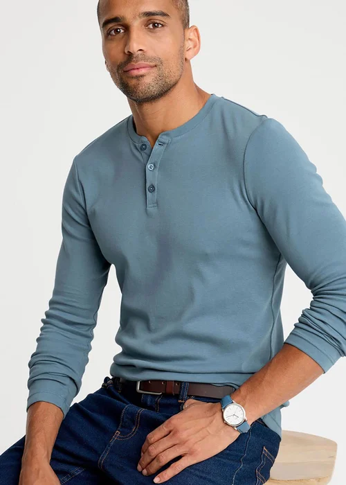 Cotton Traders Washed Aqua Long Sleeve Grandad Base Layer Top - 4XL Image 1