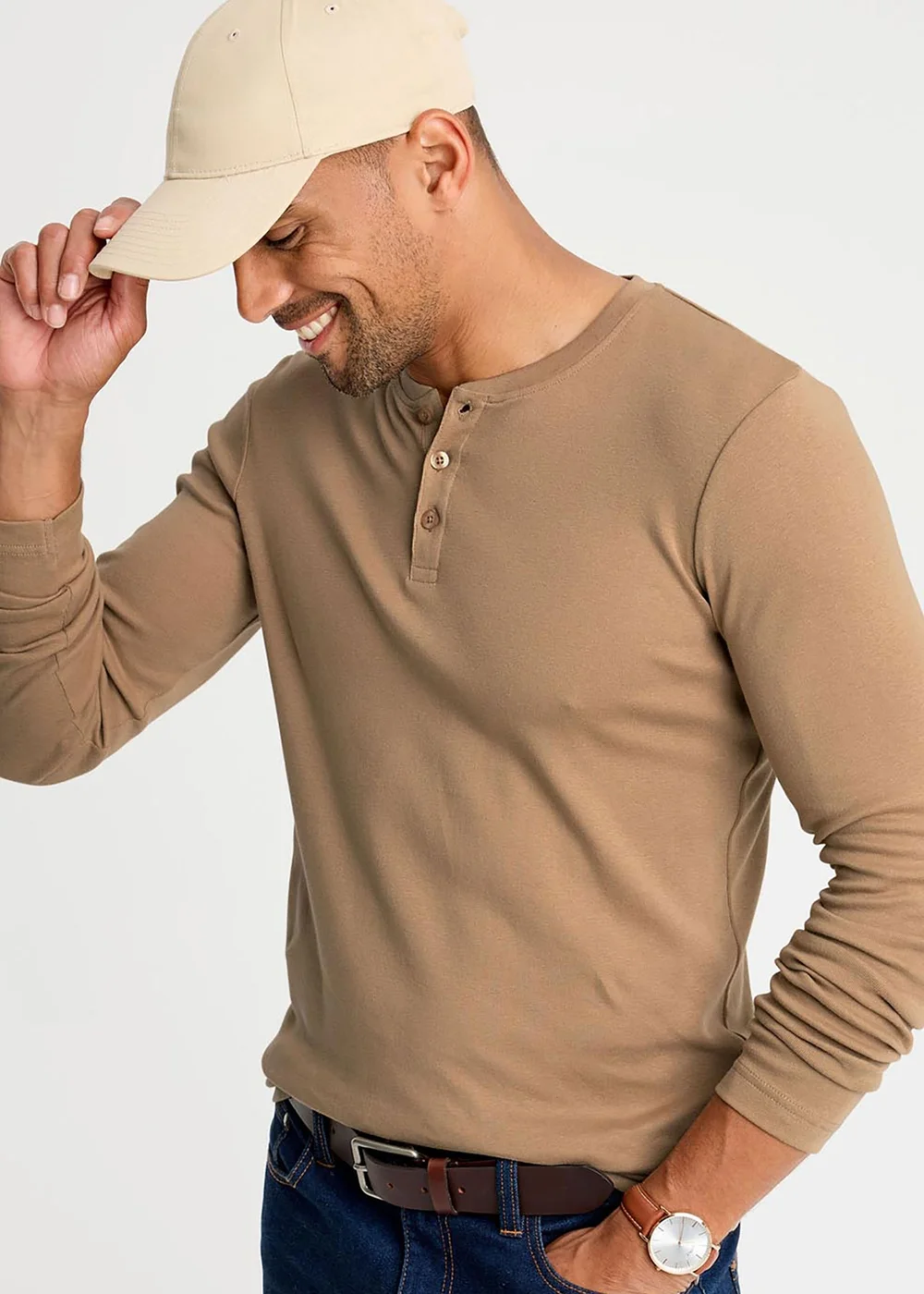 Cotton Traders Pale Camel Long Sleeve Grandad Base Layer Top - 2XL Image 1