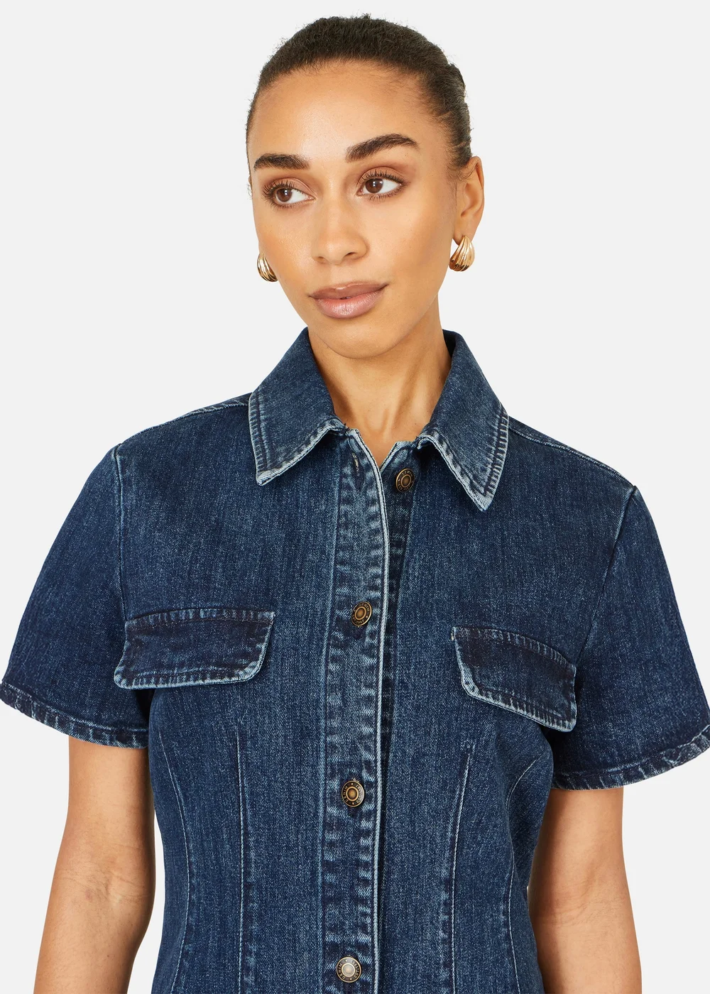 Yumi Blue Denim Stretch Shirt Dress With Pocket Details - 14 Image 3