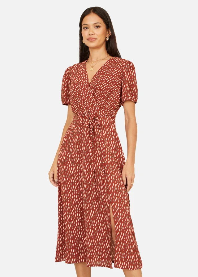 Yumi Brown Spot Wrap Midi Dress