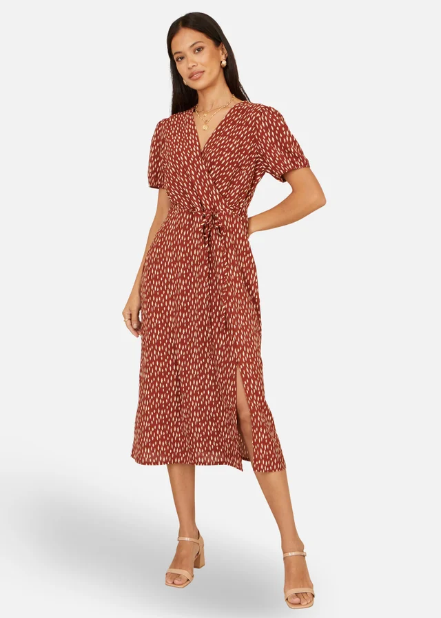 Yumi Brown Spot Wrap Midi Dress