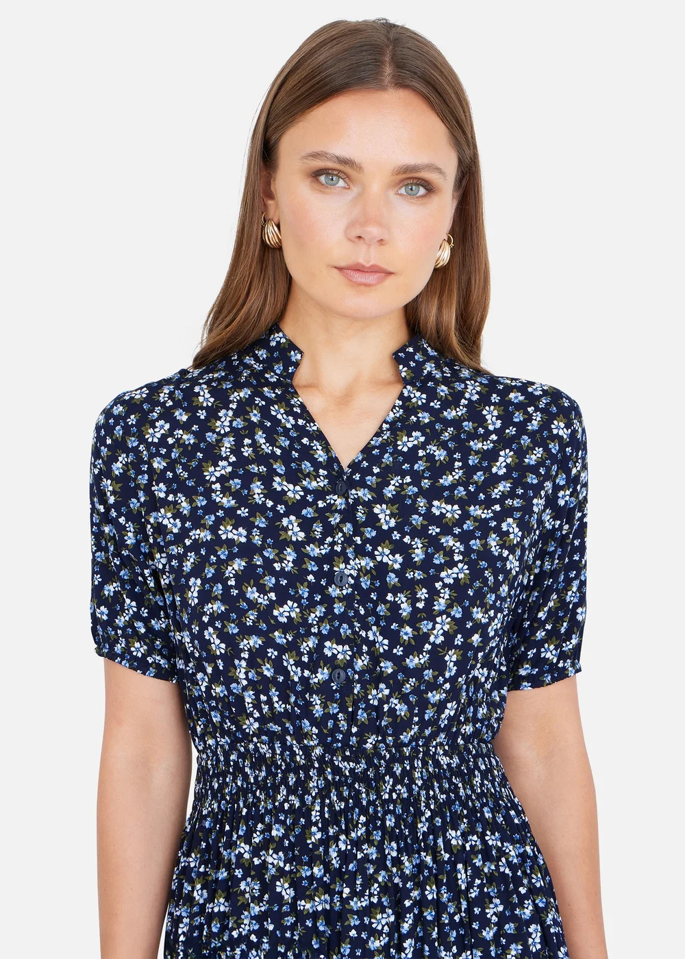Yumi Navy Ditsy Floral Midi Shirt Dress With Ruched Waist - 10 Image 3