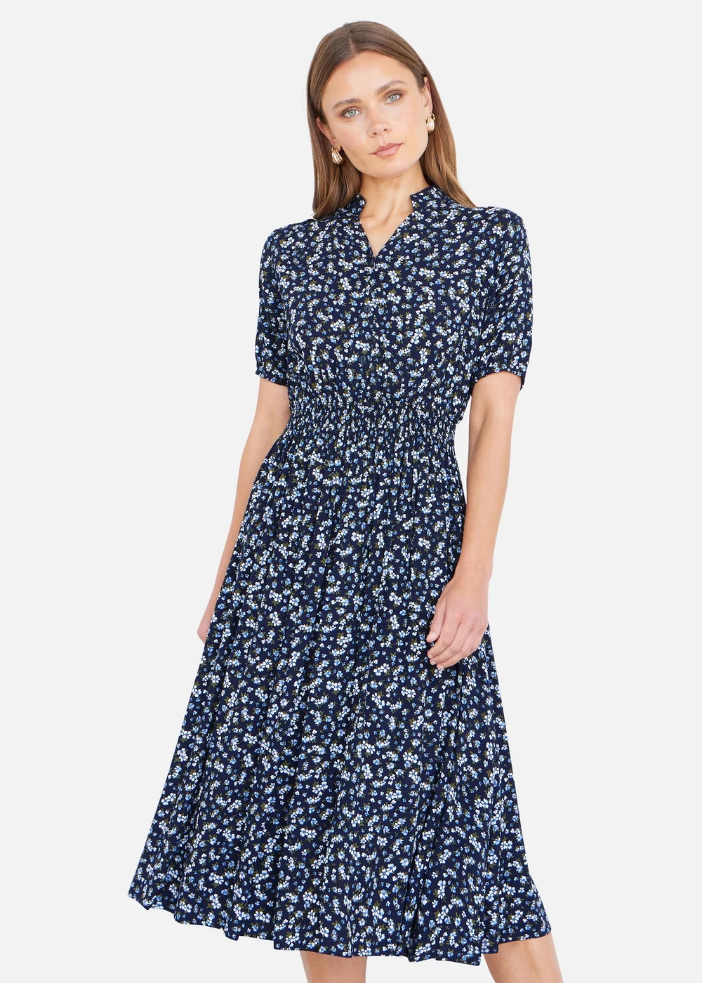 Yumi Navy Ditsy Floral Midi Shirt Dress With Ruched Waist - 10 Image 1