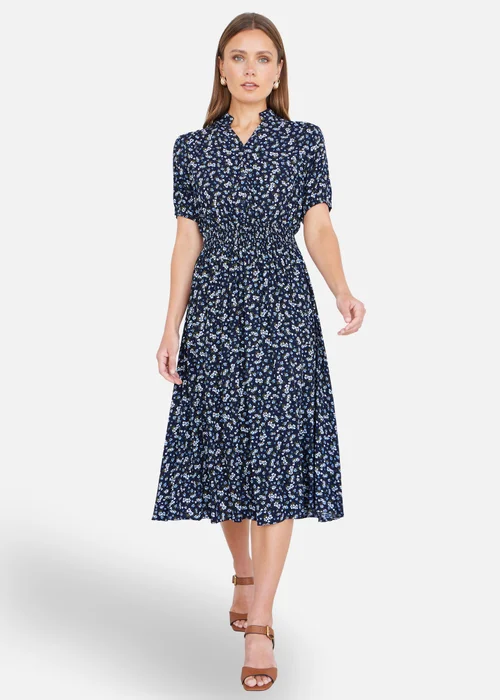 Yumi Navy Ditsy Floral Midi Shirt Dress With Ruched Waist - 10 Image 2