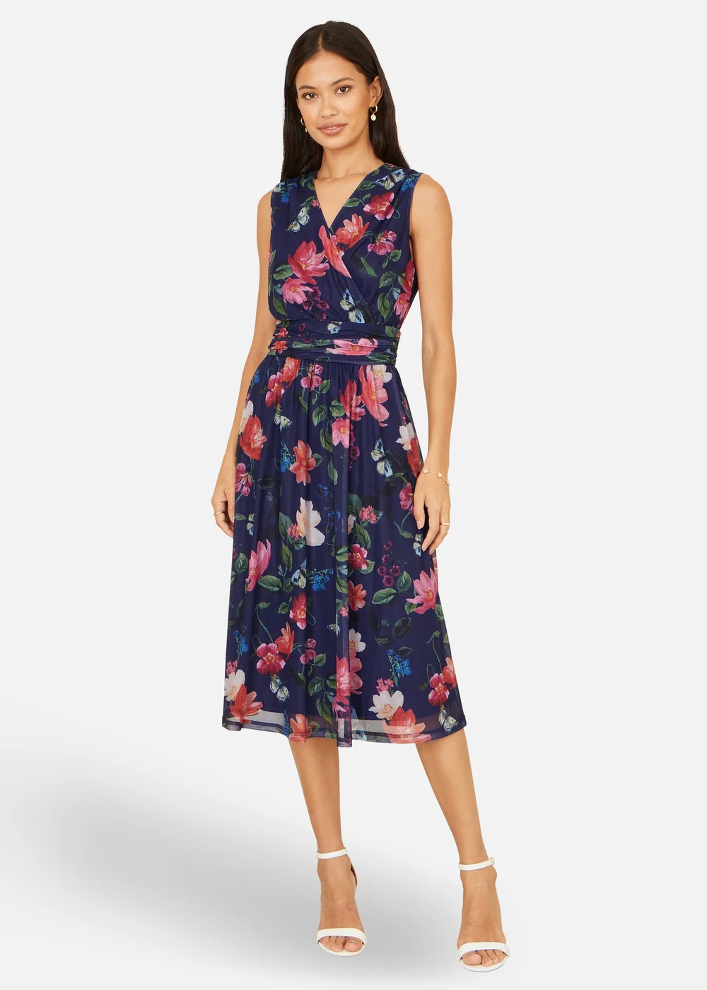 Yumi Navy Blurred Floral Print Mesh Stretch Midi Dress With Pockets - 18 Image 2