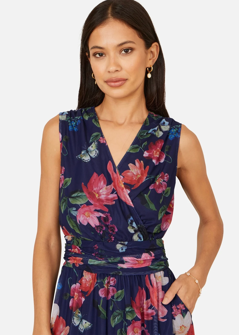 Yumi Navy Blurred Floral Print Mesh Stretch Midi Dress With Pockets - 18 Image 3