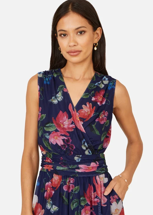 Yumi Navy Blurred Floral Print Mesh Stretch Midi Dress With Pockets - 18 Image 3