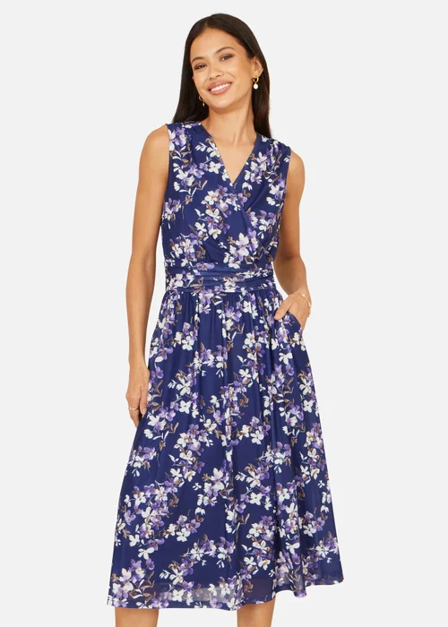 Yumi Navy Blossom Print Mesh Stretch Midi Dress With Pockets - 18 Image 1