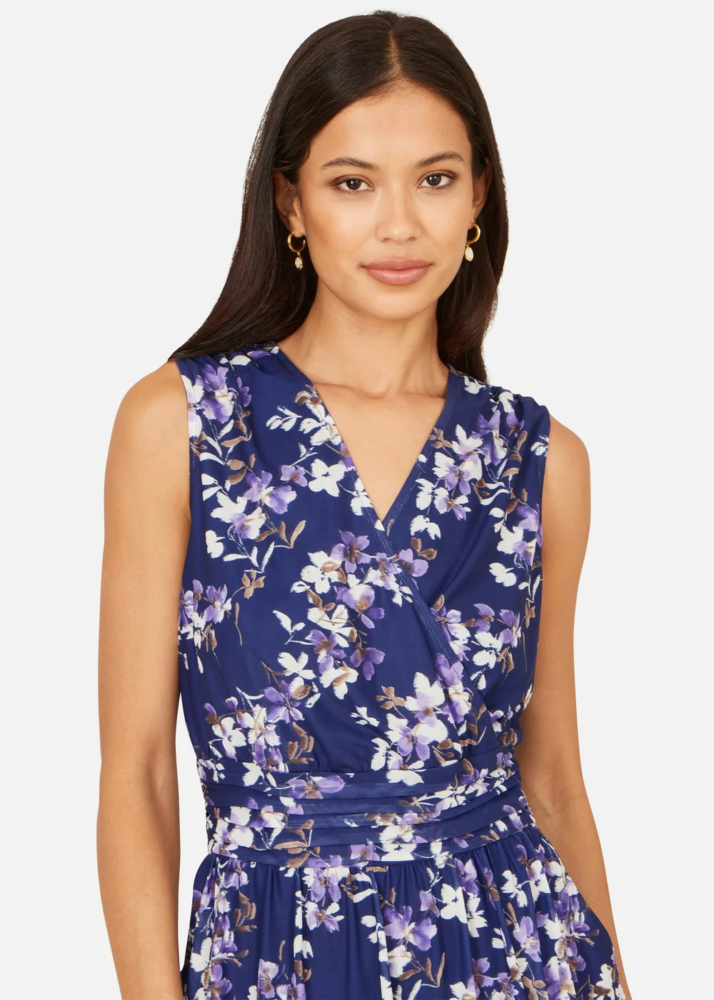 Yumi Navy Blossom Print Mesh Stretch Midi Dress With Pockets - 18 Image 3