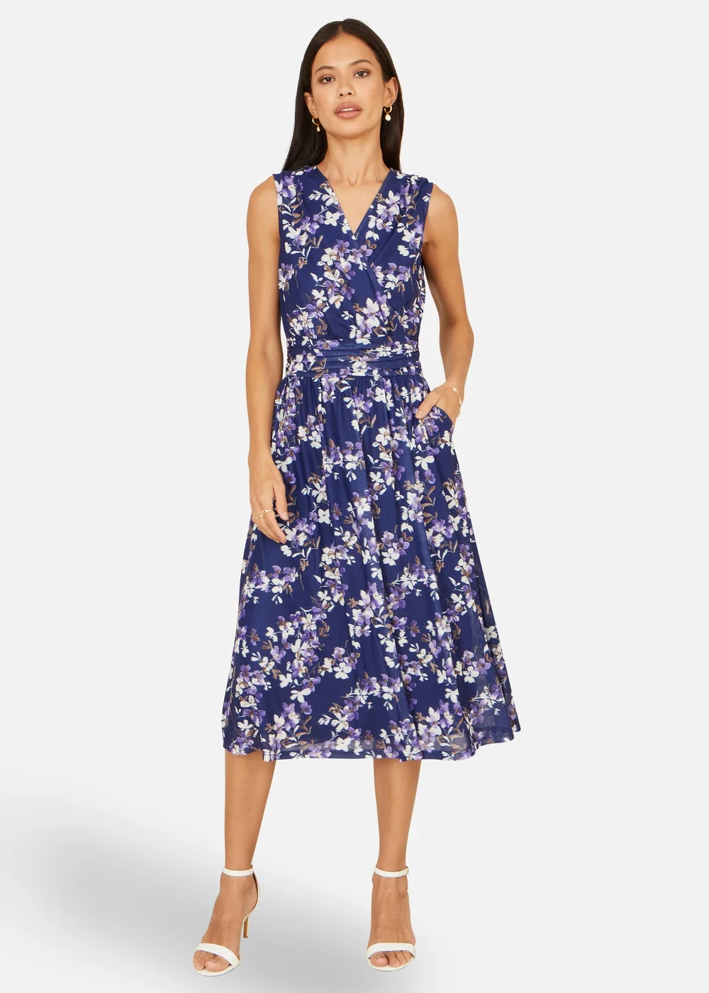 Yumi Navy Blossom Print Mesh Stretch Midi Dress With Pockets - 18 Image 2