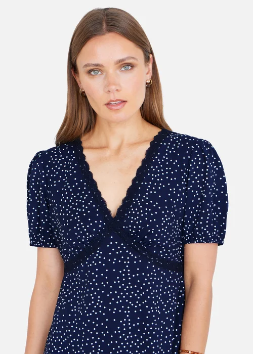 Yumi Navy Spot Print Lace Trim Skater Dress - 12 Image 3