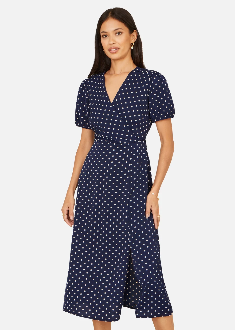 Yumi Navy Spot Wrap Midi Tea Dress - 14 Image 1