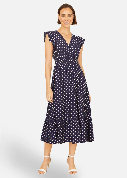 Yumi Navy Spot Ruched Waist Midi Dress - 16 Image 2