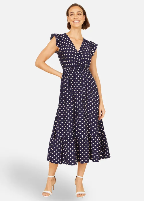 Yumi Navy Spot Ruched Waist Midi Dress - 16 Image 3