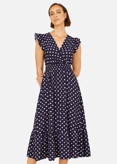 Yumi Navy Spot Ruched Waist Midi Dress - 16 Image 1