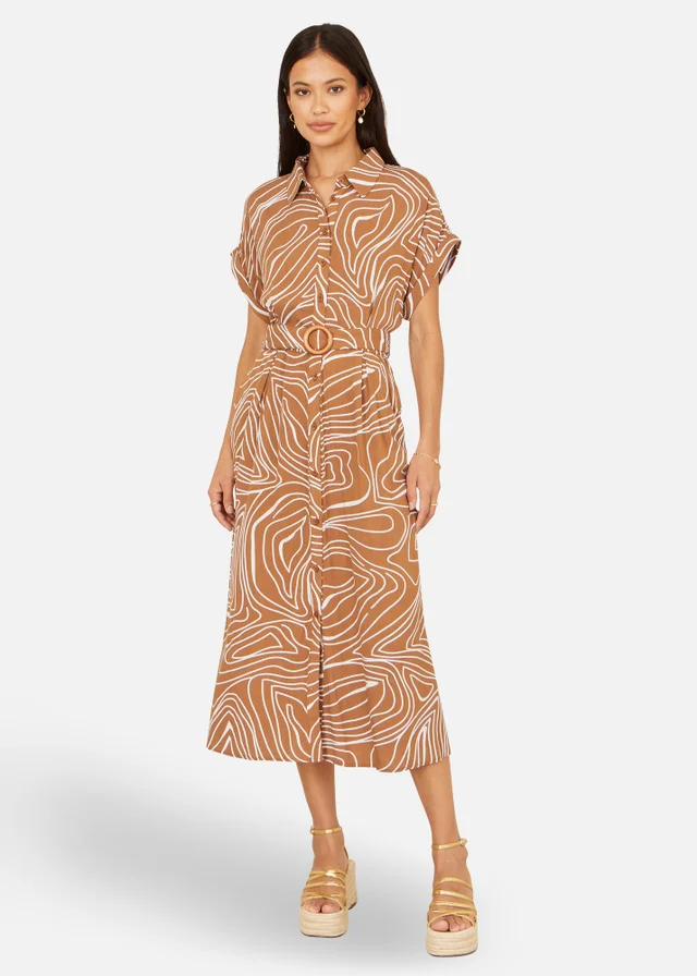 Yumi Brown Abstract Swirl Print Relaxed Midi Shirt Dress With Belt