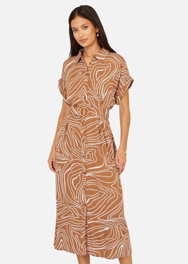 Yumi Brown Abstract Swirl Print Relaxed Midi Shirt Dress With Belt