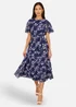 Yumi Navy Blossom Print Midi Skater Dress With Angel Sleeves - 14 Image 2