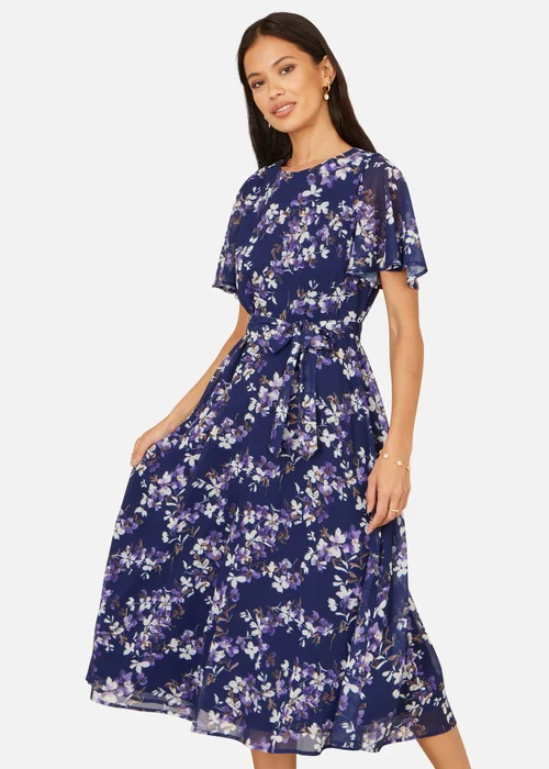 Yumi Navy Blossom Print Midi Skater Dress With Angel Sleeves - 14 Image 1