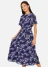 Yumi Navy Blossom Print Midi Skater Dress With Angel Sleeves - 14 Image 1