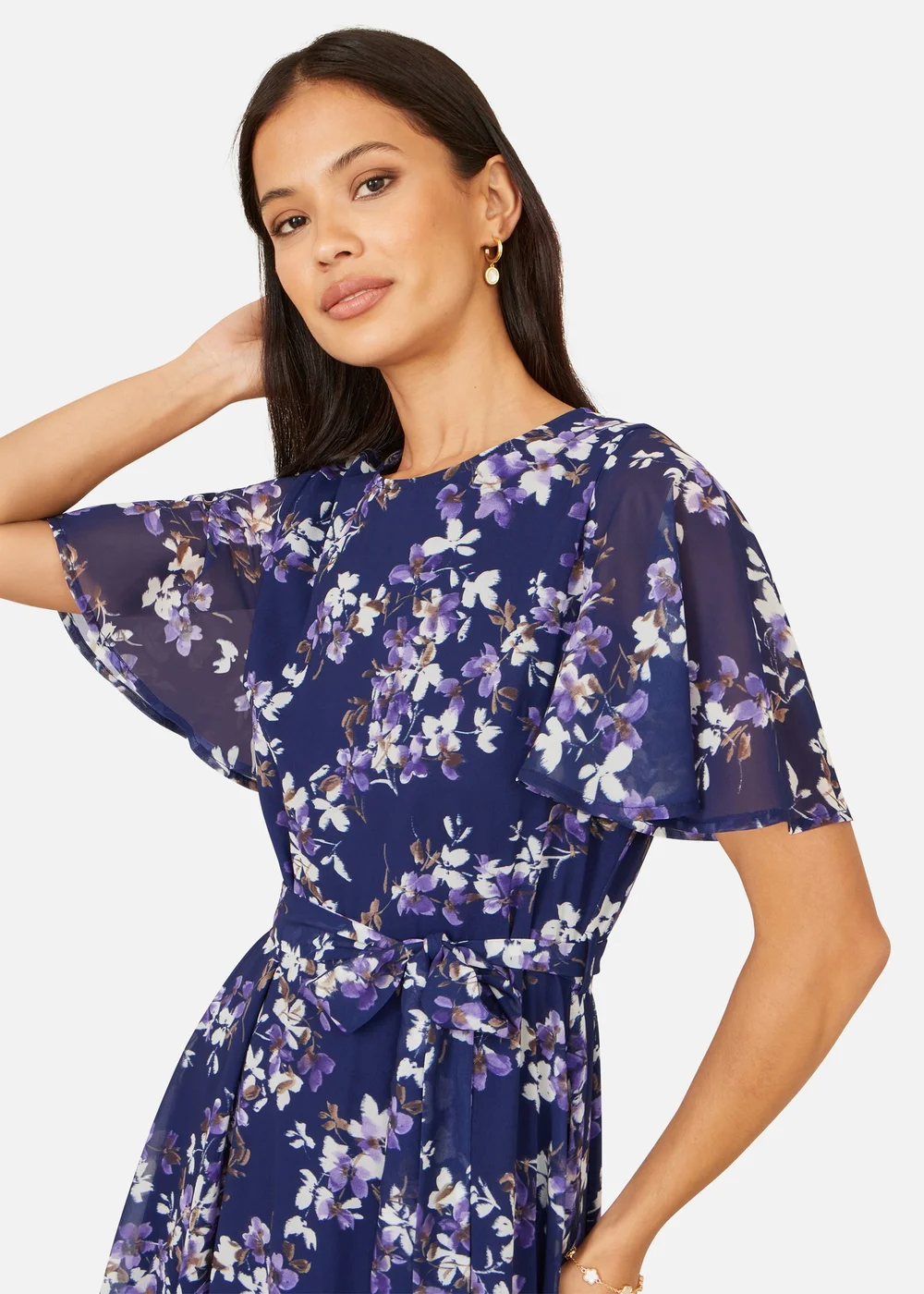 Yumi Navy Blossom Print Midi Skater Dress With Angel Sleeves - 14 Image 3