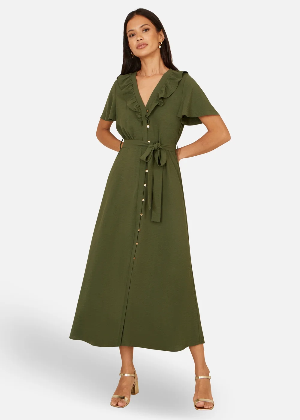 Yumi Green Ruffle Collar Midi Shirt Dress - 12 Image 2
