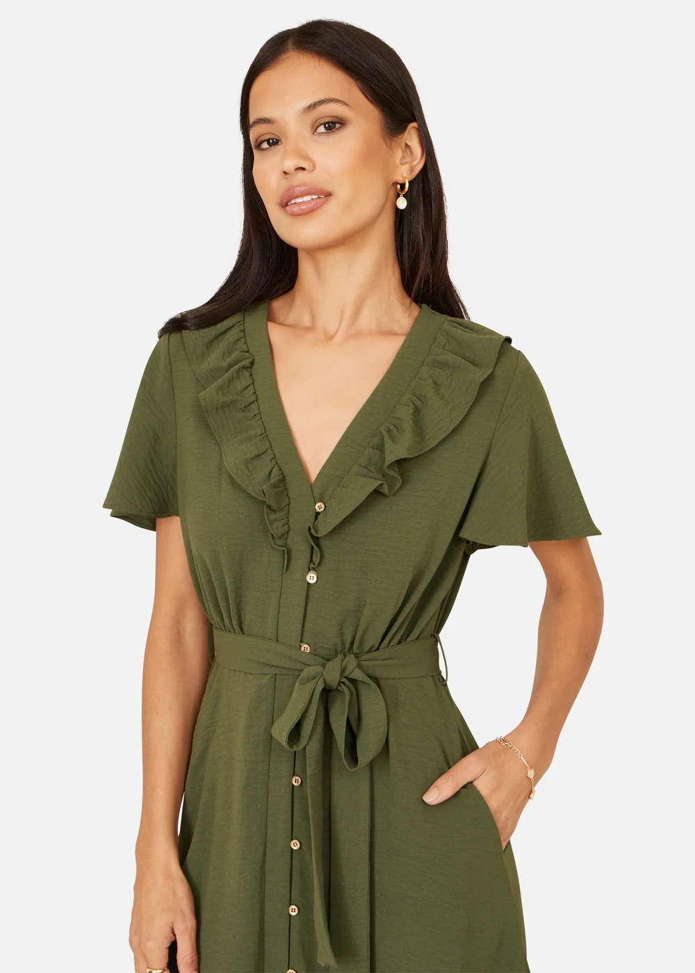 Yumi Green Ruffle Collar Midi Shirt Dress - 12 Image 3