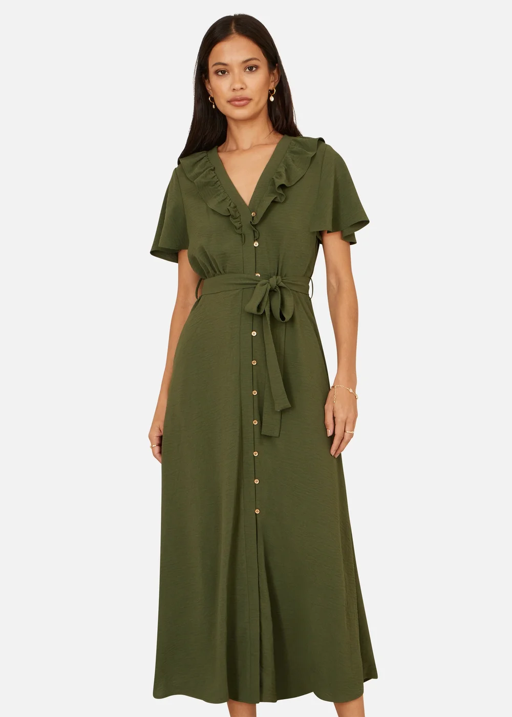 Yumi Green Ruffle Collar Midi Shirt Dress - 12 Image 1