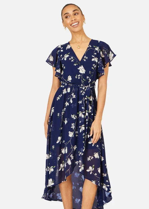 Yumi Navy Floral Wrap Midi Dress With Frill Hem - 16 Image 1