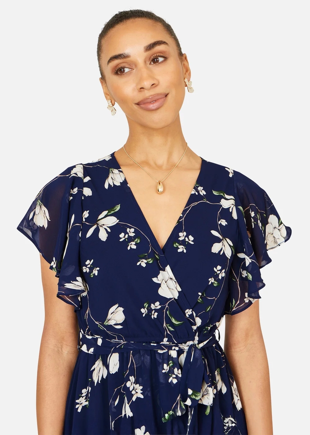 Yumi Navy Floral Wrap Midi Dress With Frill Hem - 16 Image 2